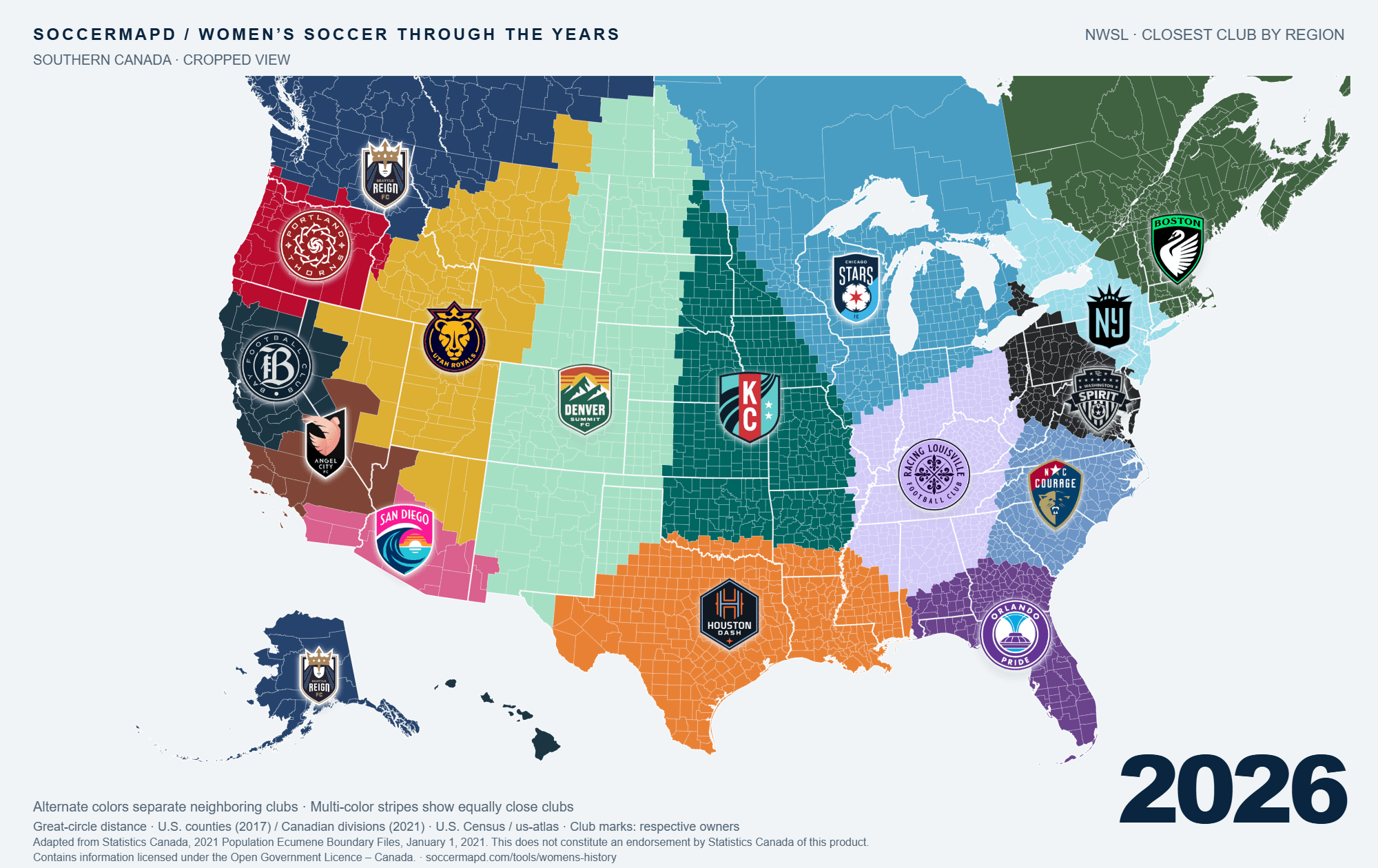 U.S. counties and southern Canadian census divisions colored by their nearest NWSL club in 2026, with club crests